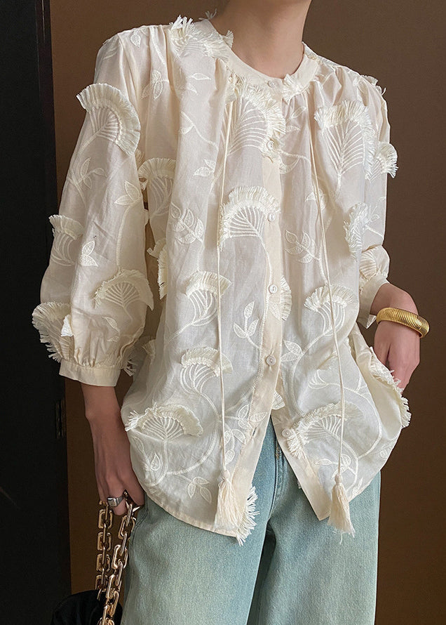 Loose Beige Embroidered Tasseled Lace Up Cotton Blouses Bracelet Sleeve