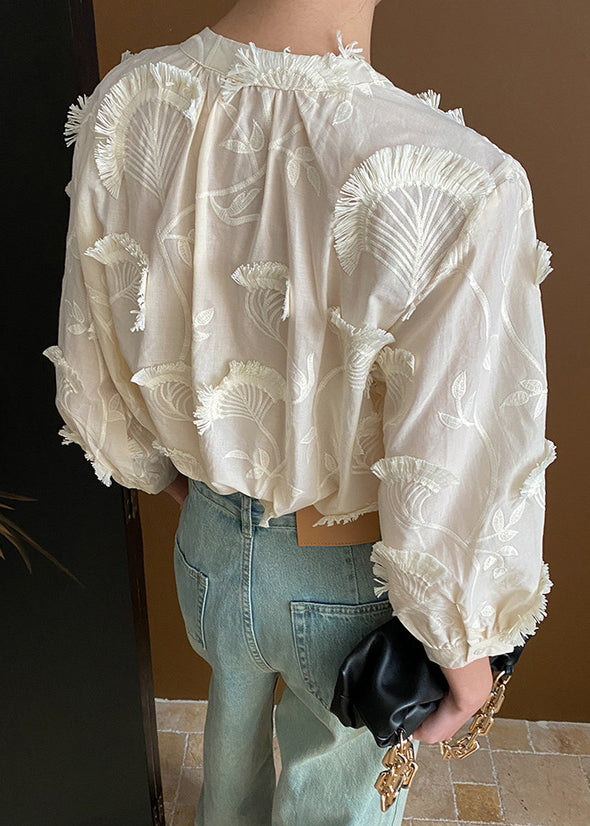 Loose Beige Embroidered Tasseled Lace Up Cotton Blouses Bracelet Sleeve