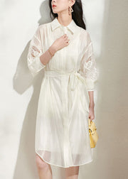 Loose Beige Hollow Out Tie Waist Shirts Dress And Spaghetti Strap Dress Silk Two Piece Set Fall