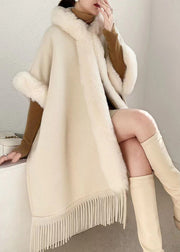 Loose Beige Hooded Tasseled Warm Fleece Cape Coats Winter
