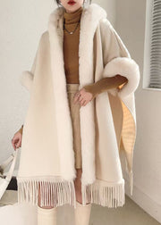 Loose Beige Hooded Tasseled Warm Fleece Cape Coats Winter