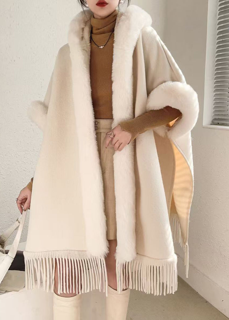 Loose Beige Hooded Tasseled Warm Fleece Cape Coats Winter