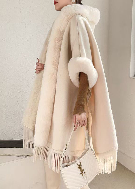 Loose Beige Hooded Tasseled Warm Fleece Cape Coats Winter