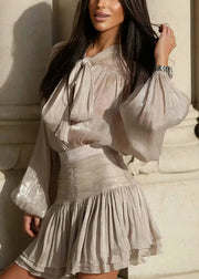 Loose Beige Lace Up Wrinkled Shirts And Skirts Silk Two Pieces Set Fall