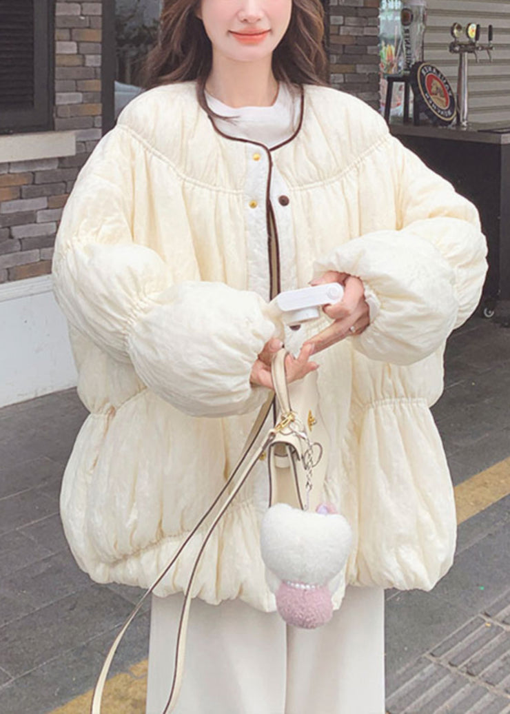Loose Beige O Neck Button Pockets Duck Down Down Coat Lantern Sleeve