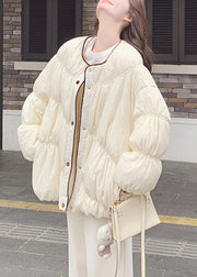 Loose Beige O Neck Button Pockets Duck Down Down Coat Lantern Sleeve