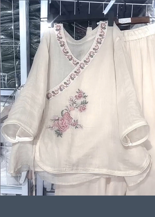 Loose Beige O Neck Embroidered Lace Up Linen Two Pieces Set Fall