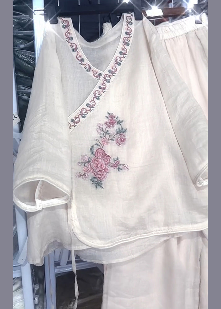 Loose Beige O Neck Embroidered Lace Up Linen Two Pieces Set Fall