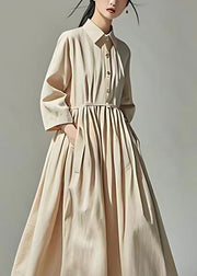 Loose Beige Peter Pan Collar Pockets Wrinkled Cotton Dress Long Sleeve
