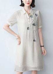Loose Beige Peter Pan Collar Print Cotton Mid Dress Summer