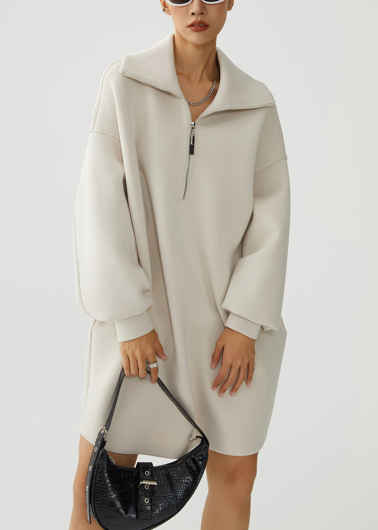 Loose Beige Peter Pan Collar Zip Up Warm Fleece Dress Winter