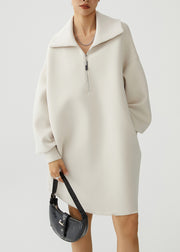 Loose Beige Peter Pan Collar Zip Up Warm Fleece Dress Winter