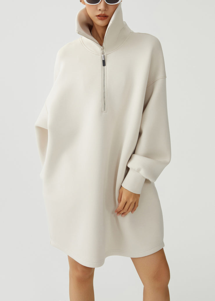 Loose Beige Peter Pan Collar Zip Up Warm Fleece Dress Winter