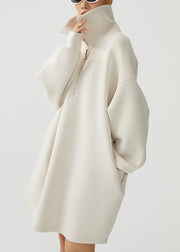 Loose Beige Peter Pan Collar Zip Up Warm Fleece Dress Winter