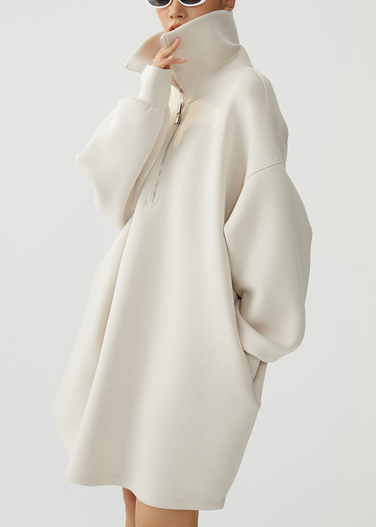 Loose Beige Peter Pan Collar Zip Up Warm Fleece Dress Winter