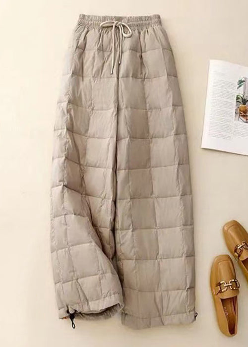 Loose Beige Plaid Drawstring Elastic Waist Fine Cotton Filled Pants Winter