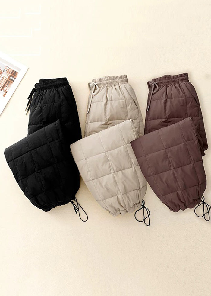 Loose Beige Plaid Drawstring Elastic Waist Fine Cotton Filled Pants Winter