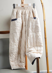 Loose Beige Pockets Elastic Waist Cotton Filled Pants Winter