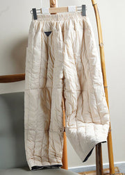 Loose Beige Pockets Elastic Waist Cotton Filled Pants Winter