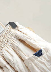 Loose Beige Pockets Elastic Waist Cotton Filled Pants Winter