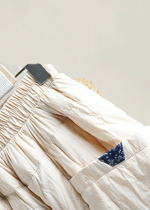 Loose Beige Pockets Elastic Waist Cotton Filled Pants Winter