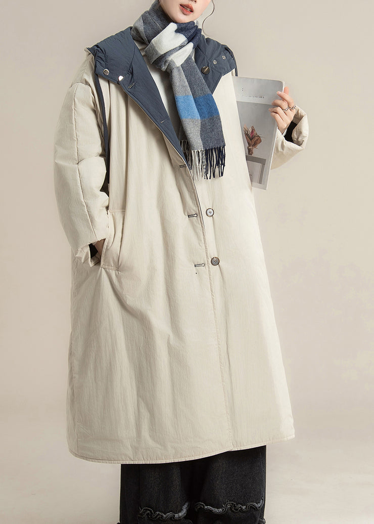 Loose Beige Pockets Hooded Long Parka Winter
