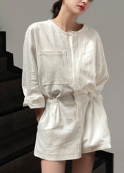 Loose Beige Pockets Tie Waist Linen Jumpsuit Summer