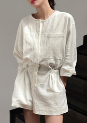 Loose Beige Pockets Tie Waist Linen Jumpsuit Summer