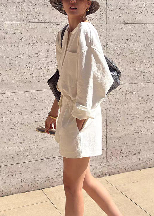 Loose Beige Pockets Tie Waist Linen Jumpsuit Summer