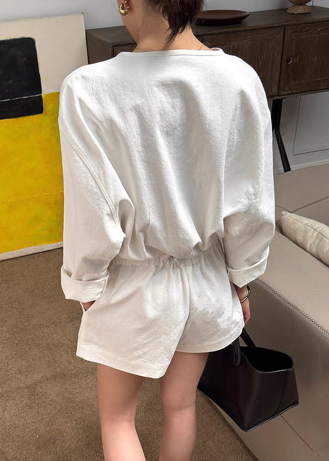 Loose Beige Pockets Tie Waist Linen Jumpsuit Summer