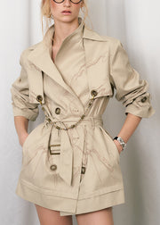 Loose Beige Print Double Breast Cotton Trench Coat Fall