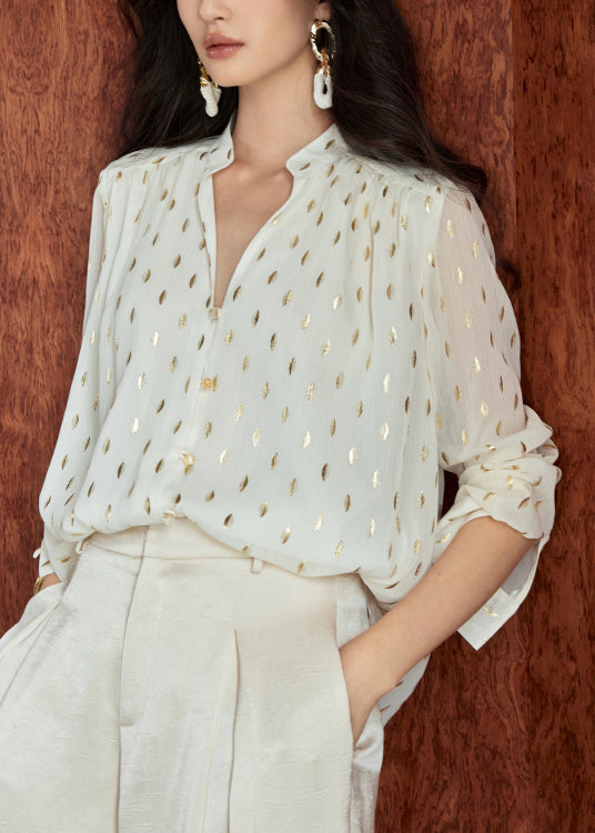 Loose Beige Stand Collar Print Chiffon Shirts Fall