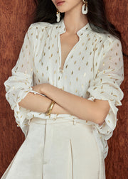 Loose Beige Stand Collar Print Chiffon Shirts Fall