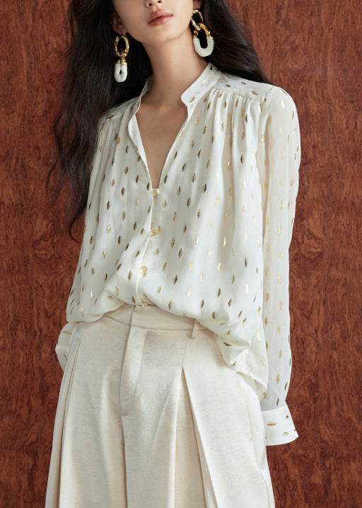 Loose Beige Stand Collar Print Chiffon Shirts Fall