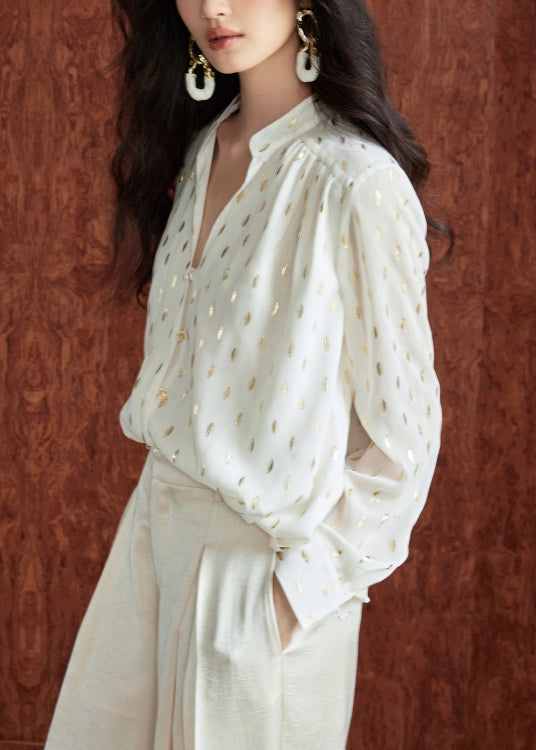 Loose Beige Stand Collar Print Chiffon Shirts Fall