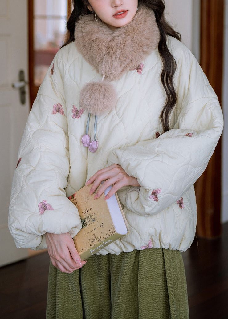 Loose Beige V Neck Butterfly Bow Cotton Filled Parkas Winter