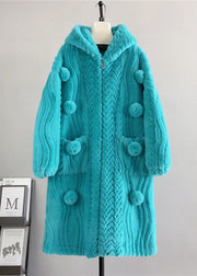 Loose Beige Zip Up Fuzzy Ball Decorated  Mink Velvet Hoodie Coat Winter