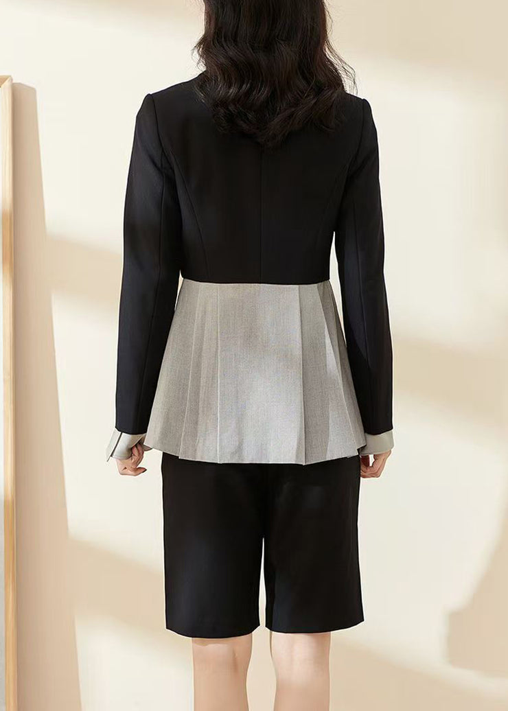 Loose Black Asymmetrical Patchwork Shirts And Shorts Two Pieces Sets Long Sleeve