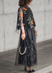 Loose Black Asymmetrical Print Ruffled Tulle Two Pieces Set Half Sleeve