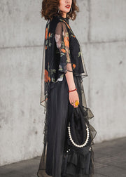 Loose Black Asymmetrical Print Ruffled Tulle Two Pieces Set Half Sleeve
