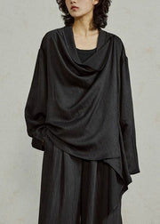 Loose Black Asymmetrical Solid Top Tops Fall