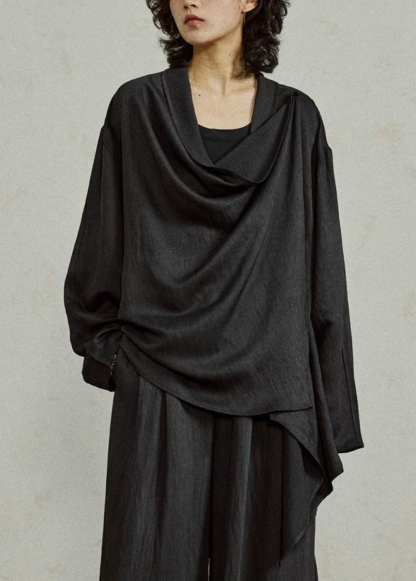 Loose Black Asymmetrical Solid Top Tops Fall