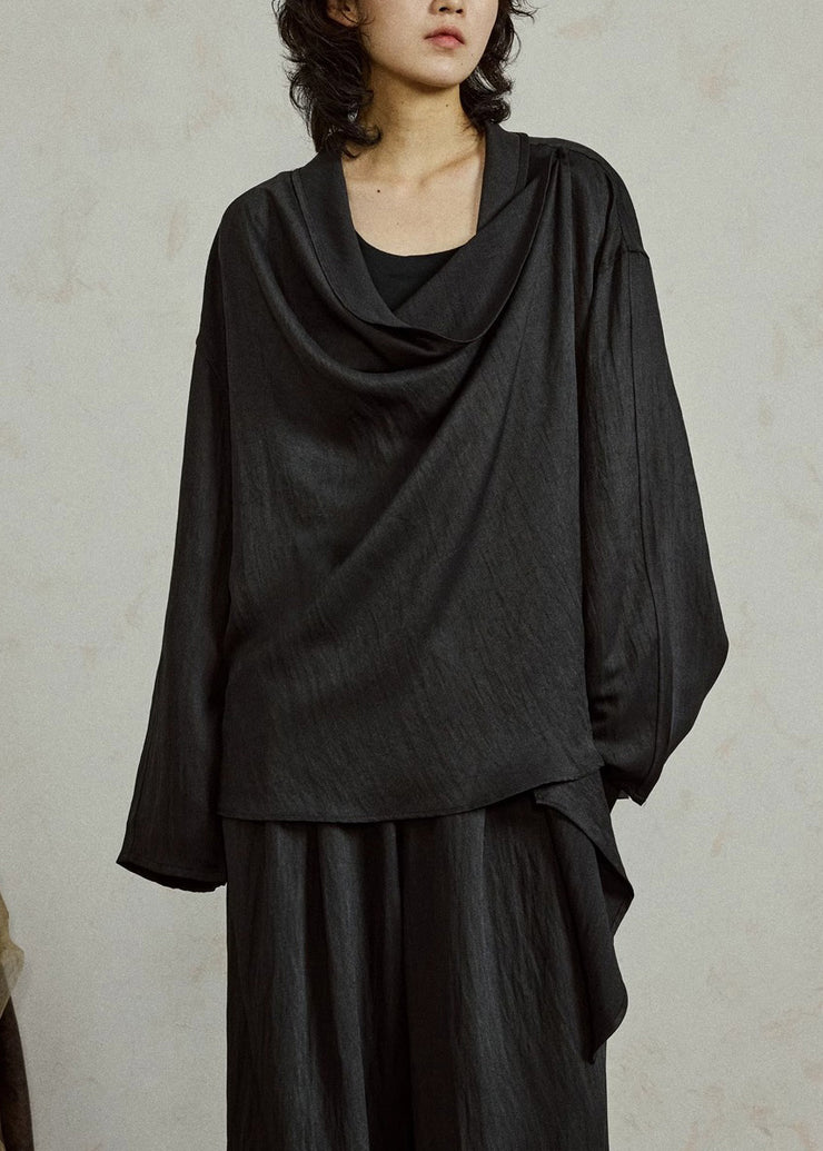 Loose Black Asymmetrical Solid Top Tops Fall