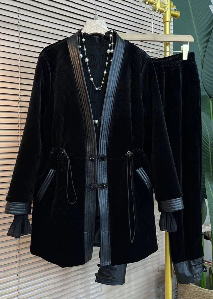 Loose Black Button Drawstring Silk Velour Two Piece Set Outfits Winter