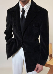 Loose Black Button Pockets Corduroy Men Coat Fall