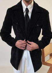 Loose Black Button Pockets Corduroy Men Coat Fall