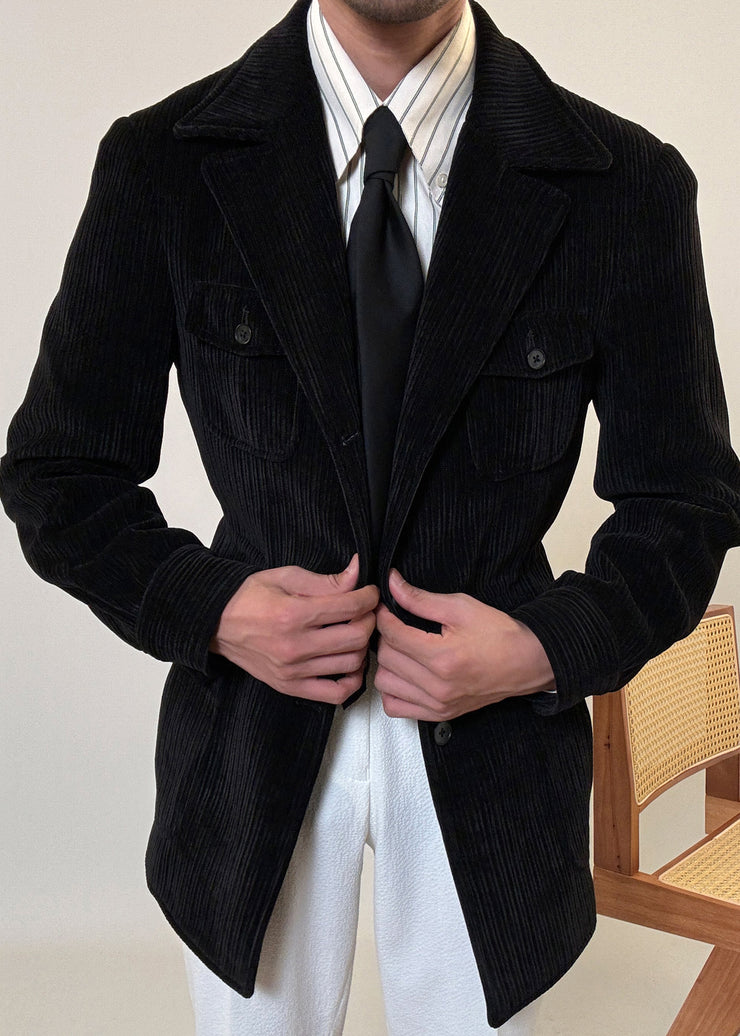 Loose Black Button Pockets Corduroy Men Coat Fall