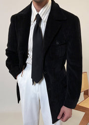 Loose Black Button Pockets Corduroy Men Coat Fall