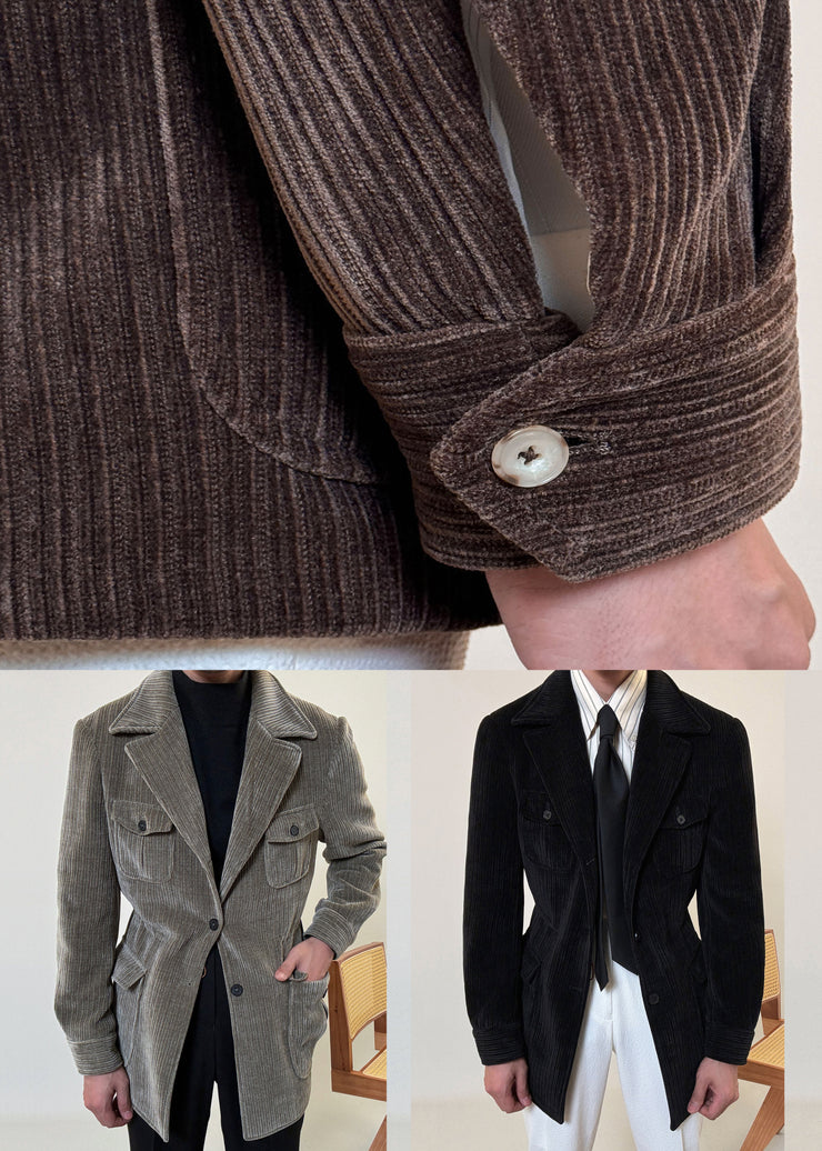Loose Black Button Pockets Corduroy Men Coat Fall