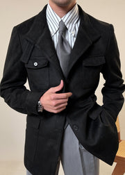 Loose Black Button Pockets Drawstring Faux Suede Men Coat